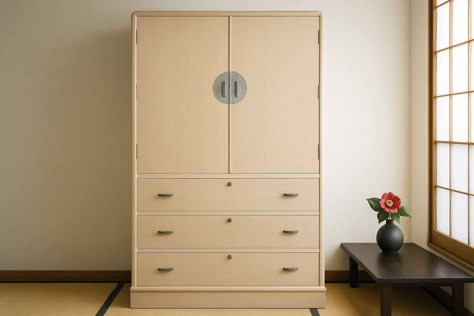 和室に配置されたシンプルな桐箪笥と赤い椿の花