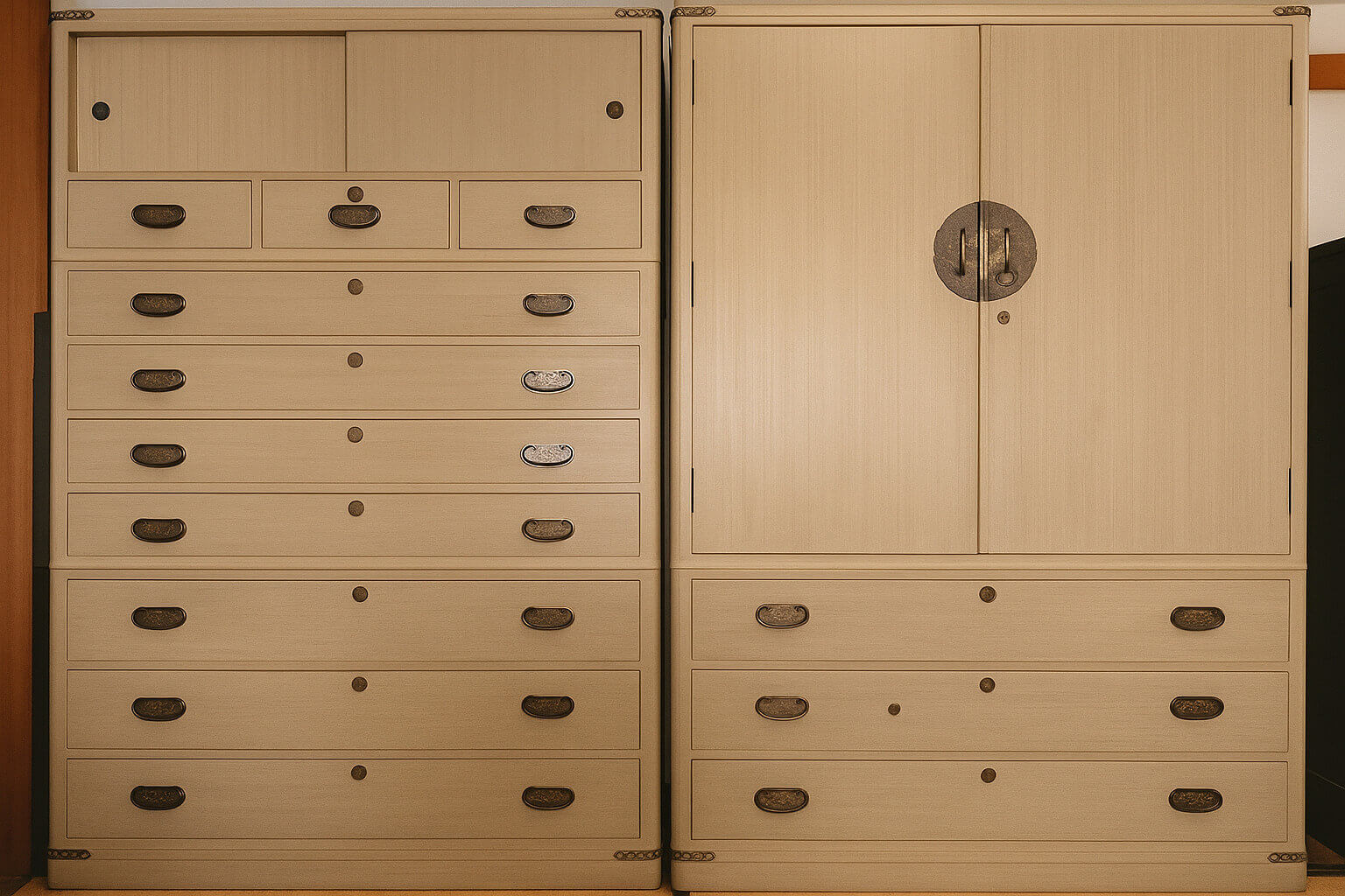 和風の大型桐箪笥が並んだ収納家具