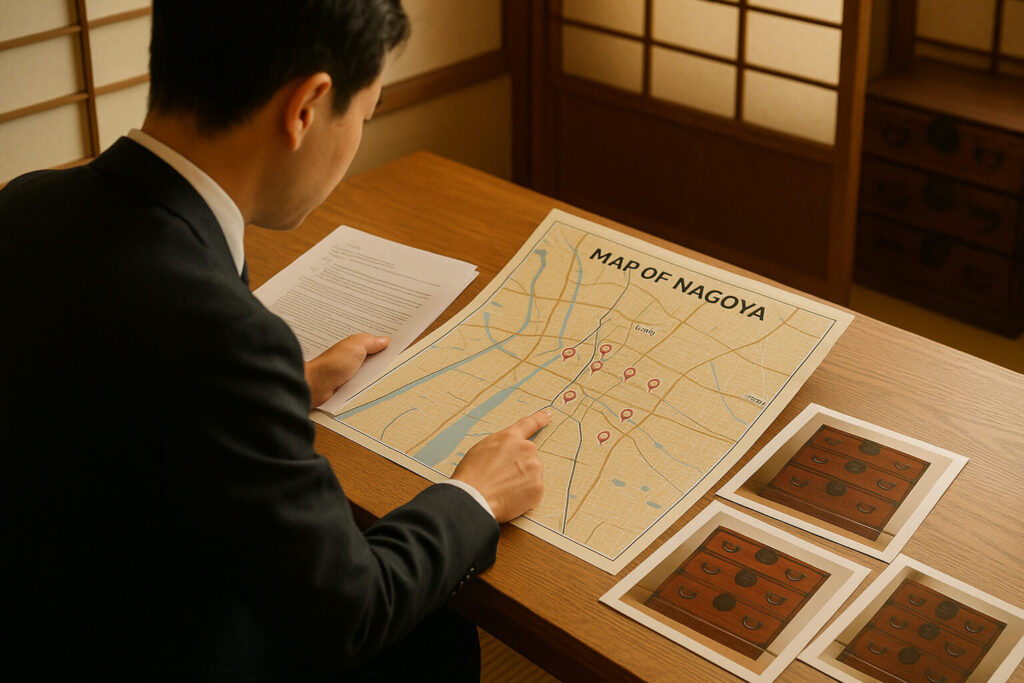 地図と資料を見ながら指差すスーツ姿の男性