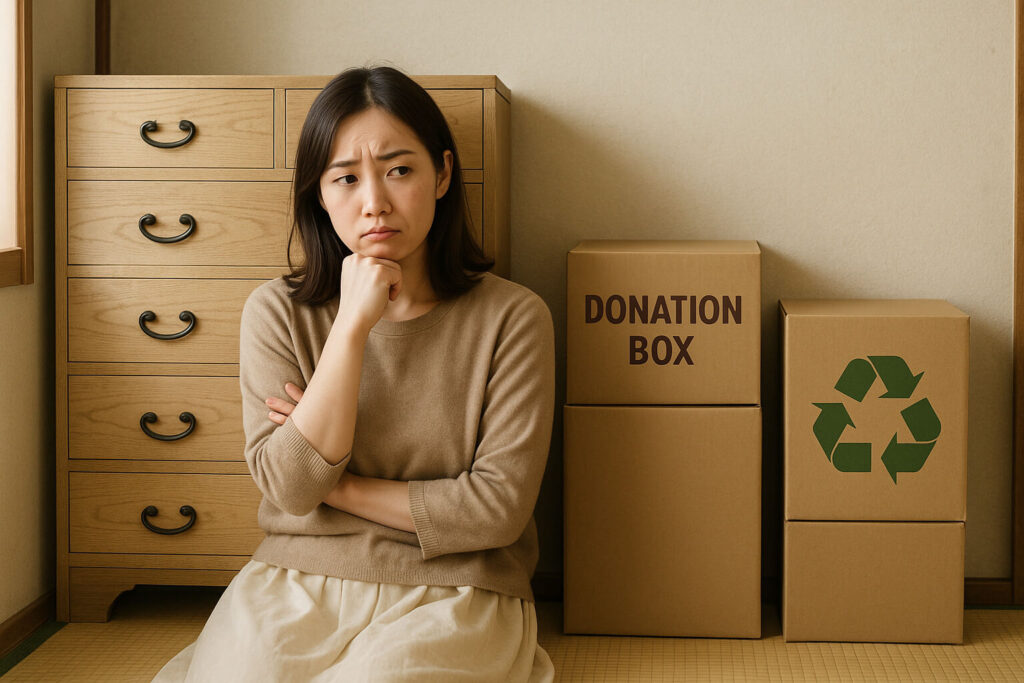 寄付とリサイクルの仕分けに悩む女性