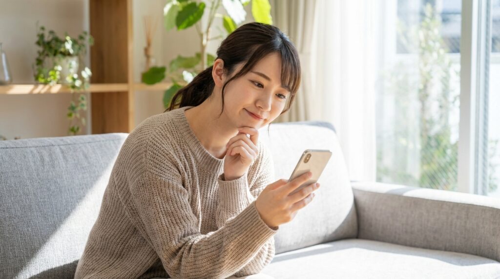スマホを見て微笑む女性