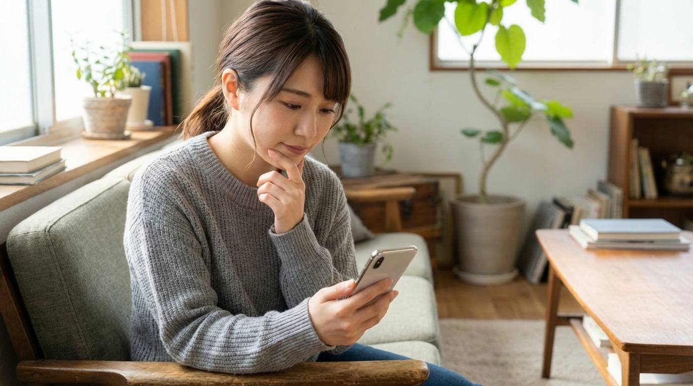 スマホを見て悩む女性