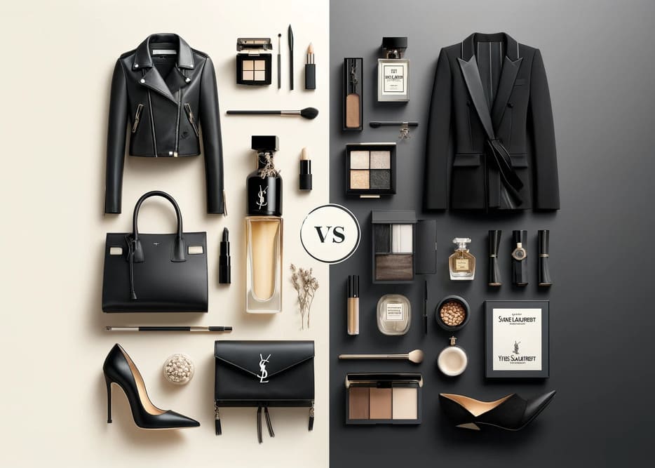 この画像は、ブランド名「Saint Laurent（サンローラン）」と「Yves Saint Laurent（イヴ・サンローラン）」の違いを象徴的に対比した構図です。