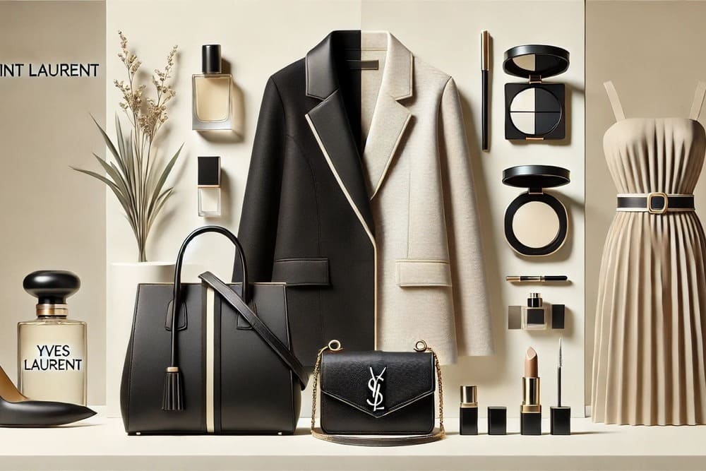 この画像では、Saint LaurentとYves Saint Laurentのファッションラインを並列に比較しています。