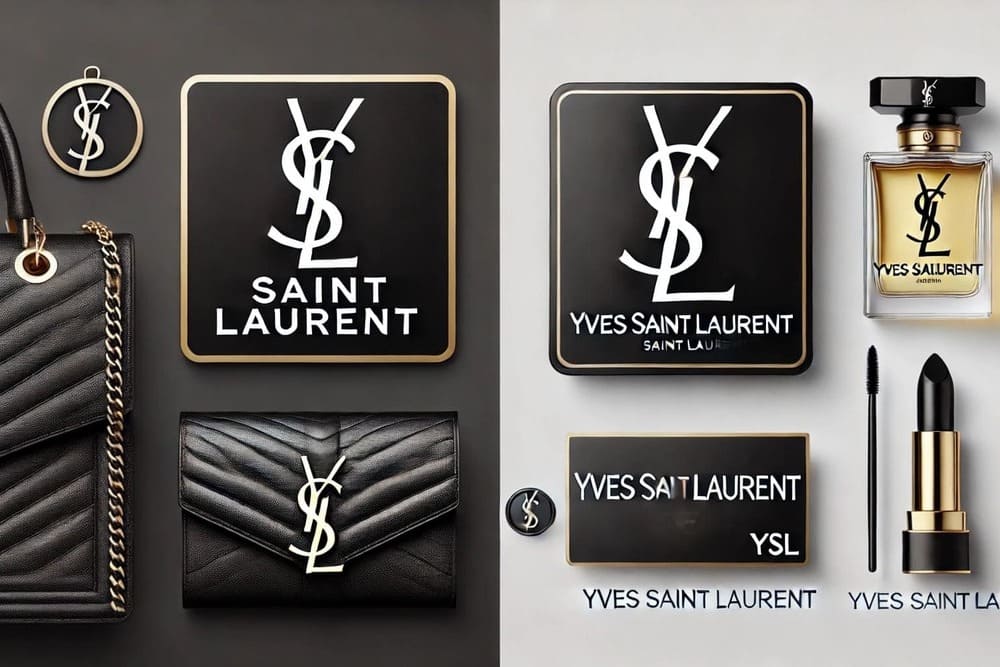 この画像は、ロゴとブランド表記の違いを強調した比較構成です。 左:SAINT LAURENTのロゴと製品(チェーンバッグ、エンボス加工の小物など)。 右:YVES SAINT LAURENTのロゴと香水、リップなどのコスメ。 ロゴの文字構成と使われる製品カテゴリーの違いが明確にわかるようになっており、視認性が高い説明的な画像です。