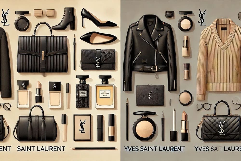 この画像では、Saint LaurentとYves Saint Laurentの製品ラインの違いが強調されています。 左:Saint Laurentのバッグ、香水、メイク用品、モード寄りのアイテム。 右:YSLの方はよりエレガントなニットやクラシックなファッション小物など。 全体的に、Saint Laurentはファッション中心、YSLはコスメや香水を含むトータルビューティーブランドであることを示しています。