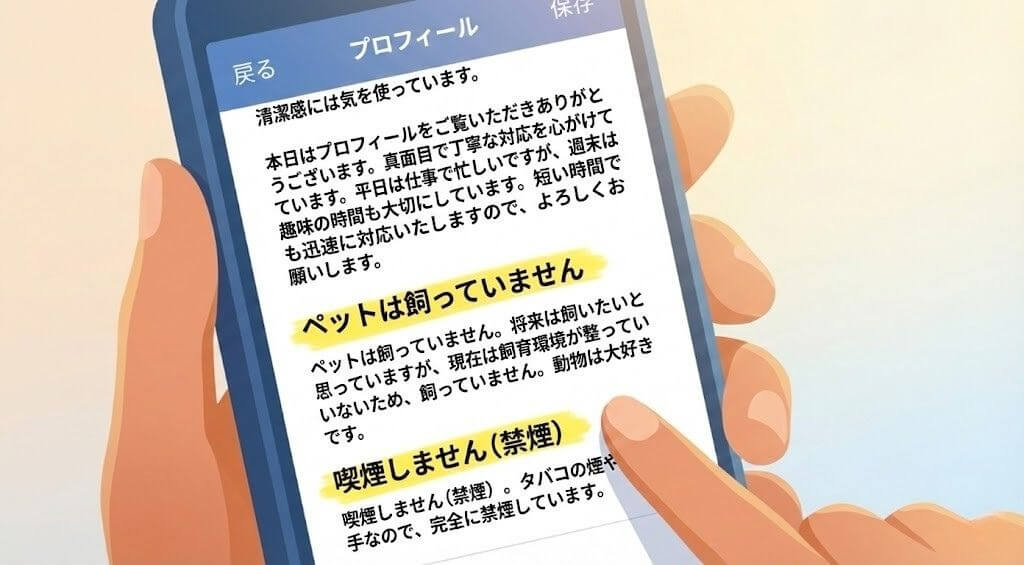 ⑯ プロフィールにペット・喫煙の有無を明記する