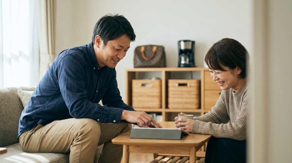 タブレットを見る夫婦