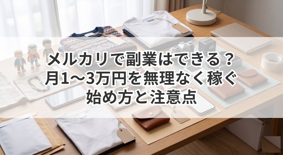 メルカリ出品用の商品を並べた副業イメージの物撮り風景