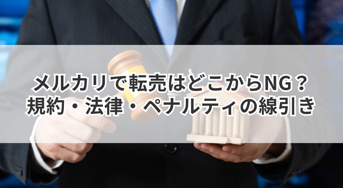 メルカリ転売の規約と法律を示すハンマーを持つビジネスマン