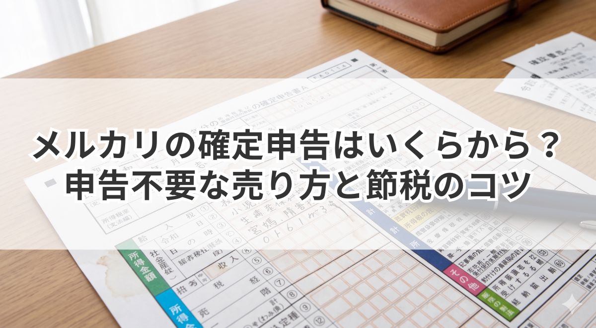 確定申告書とペンとメルカリの税金イメージ